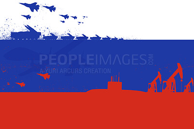 Buy stock photo Russia flag, missile launch or war with Ukraine for freedom, justice or human rights with machine weapon. Bomb, shooting or drone strike with gun, military or army illustration in service for country