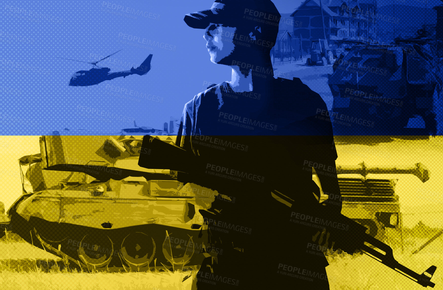 Buy stock photo Soldier man, gun and double exposure for Ukraine flag, war and fight for human rights, freedom or justice. Military service agent, tank and helicopter for conflict, shooting and apocalypse in warzone