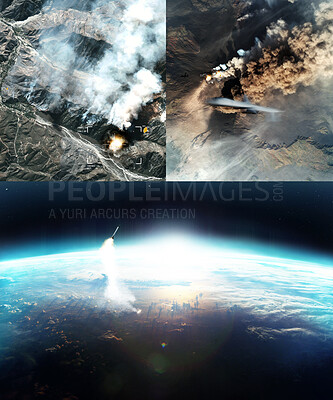 Buy stock photo Missile launch, earth and aerial view from space for war, bomb and global conflict in apocalypse. Rocket, nuclear weapon and drone strike from army, military and warzone with explosion on landscape