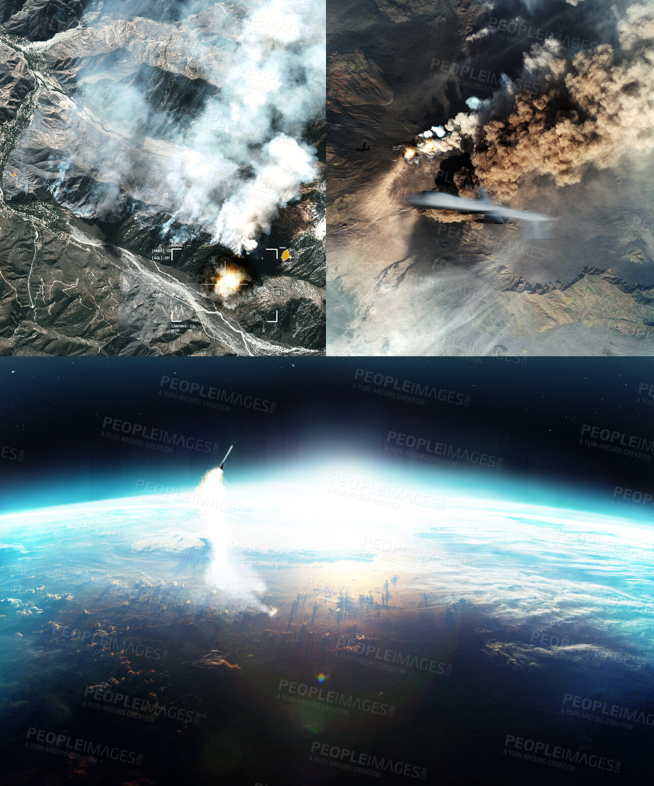 Buy stock photo Missile launch, earth and aerial view from space for war, bomb and global conflict in apocalypse. Rocket, nuclear weapon and drone strike from army, military and warzone with explosion on landscape