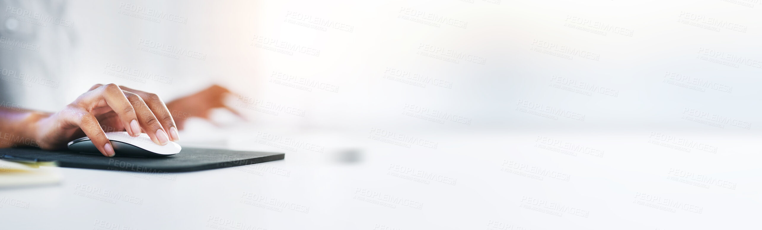 Buy stock photo Search, woman and hand with mouse on mockup space for research, internet scroll or communication with tech. Connectivity, person and website for social media, email or networking for business on pc