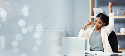 Buy stock photo Bokeh, office and business woman with winning on stock market, financial freedom or investment. Mexican lady, fist pump and happiness with professional by laptop, crypto trading, finance and success 