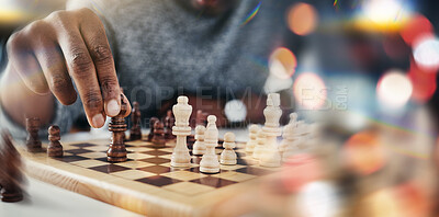 Buy stock photo Hand, chess and board game with moving, strategy and choice in competition, problem solving and bokeh. Person, toys and contest with queen, king or check with knowledge, solution or closeup with idea