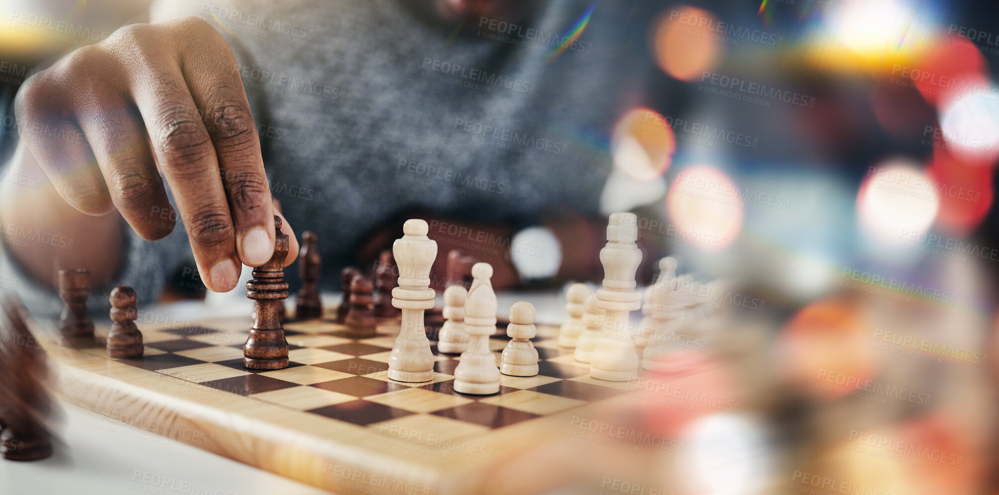 Buy stock photo Hand, chess and board game with moving, strategy and choice in competition, problem solving and bokeh. Person, toys and contest with queen, king or check with knowledge, solution or closeup with idea