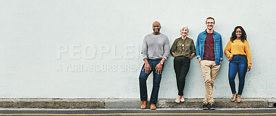 Buy stock photo Banner, diversity and business people by wall for career, professional workforce and happiness. Collaboration, together and solidarity with international support for teamwork, community and success