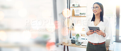 Buy stock photo Office, banner and woman with business, tablet and digital app with website info, online order or connection. Person, fashion designer or entrepreneur with technology, startup or career with internet