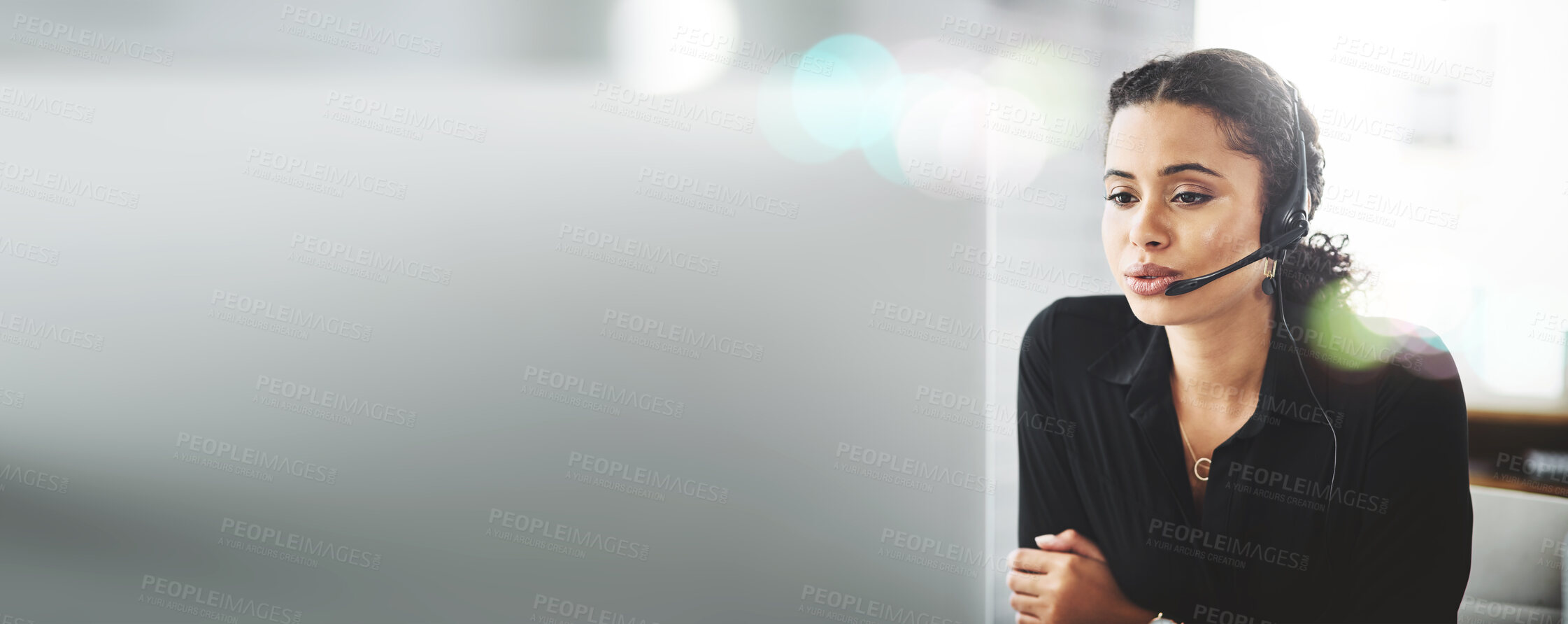Buy stock photo Business woman, call center and computer for communication mockup, customer service or support consultant. Professional agent or telecom worker talking on desktop for contact us or e commerce banner
