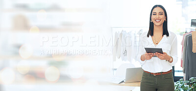 Buy stock photo Portrait, banner and woman with business, tablet and store owner with network, smile or connection. Person, fashion designer or entrepreneur with technology, digital app or internet with online order