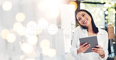 Buy stock photo Phone call, banner and woman with business, tablet and professional with network, digital app or connection. Person, employee or entrepreneur with tech, conversation or internet with email or website