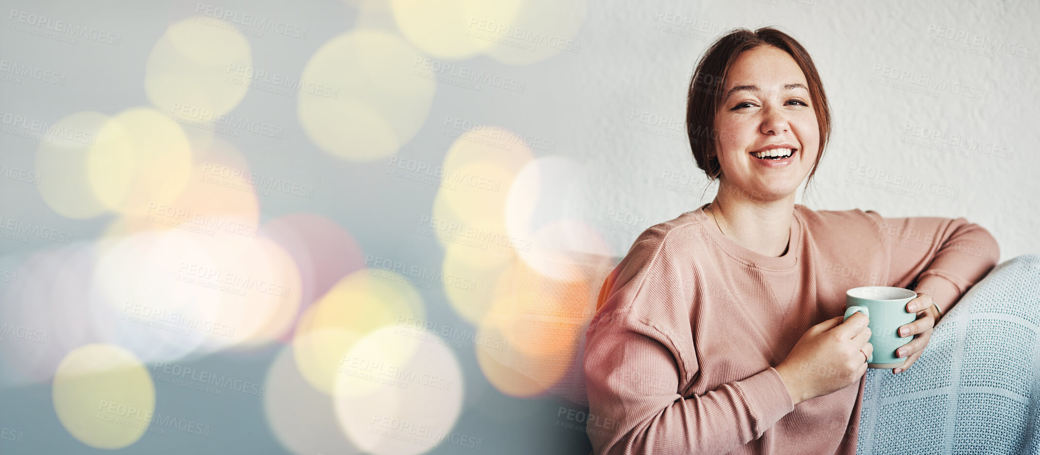 Buy stock photo Mockup space, coffee and portrait of woman in the morning with smile and happy to relax in home living room on sofa. Calm, tea and young person in an apartment with joy drinking an espresso on couch