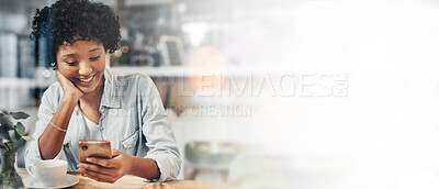 Buy stock photo Banner, cafe and happy woman on smartphone, social media and reading email notification. Coffee shop, smile and person on phone for internet search, communication or mobile app on mockup space bokeh