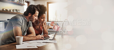 Buy stock photo Laptop, space and an interracial couple in their home for investment planning, finance budget or accounting. Computer, mock up or banner with a man and woman reading bank information for savings