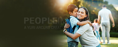 Buy stock photo Child, mother and banner with hug, kindergarden and education with happiness for family support. Mock up, mom and son with kiss outdoor, campus and preparation with backpack for school beginning

