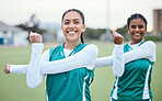 Sports, team and portrait of stretching arms on field with women in soccer or exercise with happiness outdoor. Football player, woman and training with a smile on face for fitness practice or match