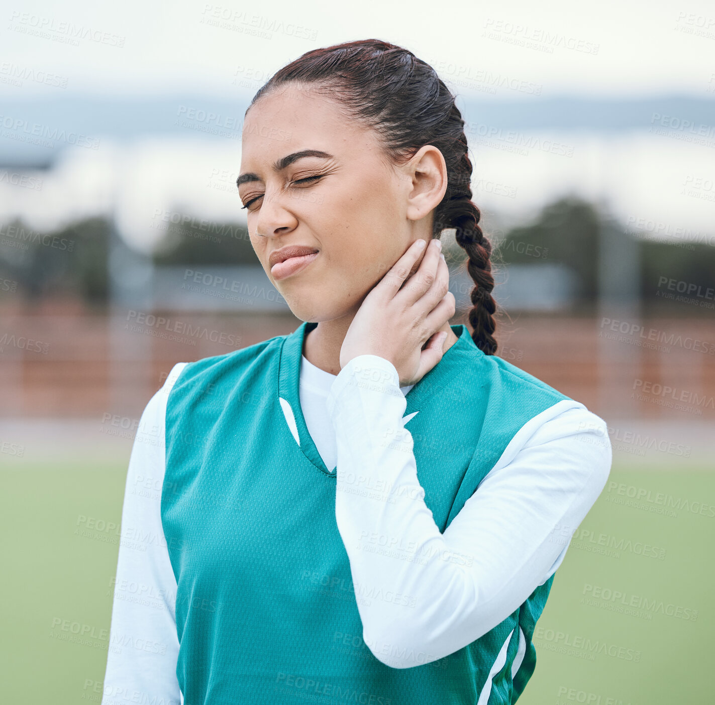 Buy stock photo hockey, sports accident or woman with injury or neck pain after workout exercises or fitness training alone. Hurt, girl or injured sports athlete holding sore muscle after bad accident or emergency