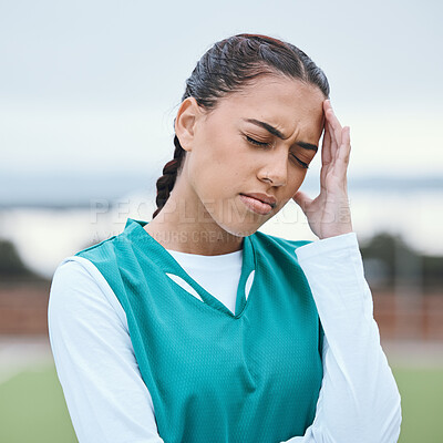 Buy stock photo Sports, headache or face of girl on hockey field for fitness, exercise game or workout emergency. Tired woman, stress anxiety or sick athlete with migraine, injury or head pain frustrated by training