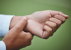 Hands, wrist pain or woman athlete with injury after exercise, sports training or workout accident. Closeup, injured player or girl with fibromyalgia, tendinitis or broken bone inflammation on field