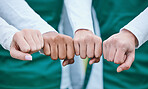 Celebration, closeup and team with support, fist bump and motivation with competition success, workout and winning. Hands together, group and people with match, fitness and solidarity with exercise