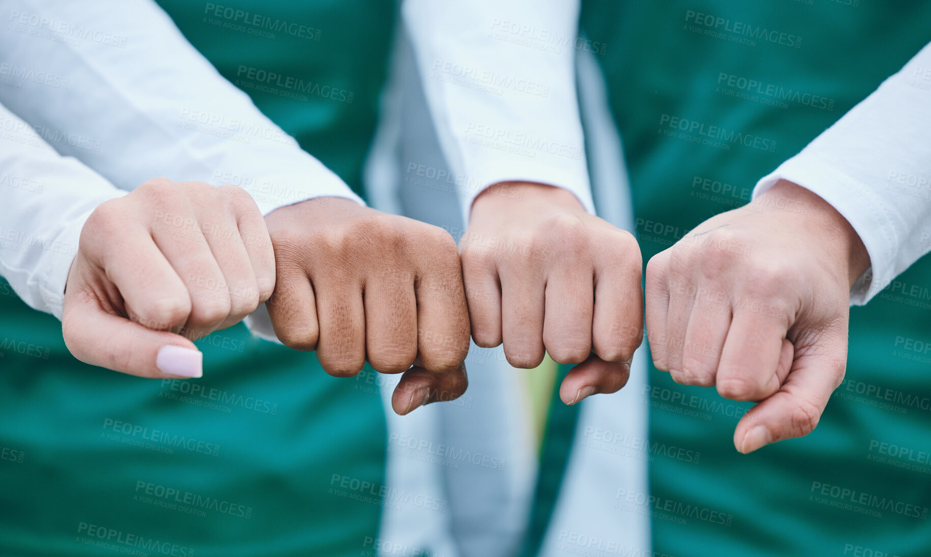 Buy stock photo Celebration, closeup and team with support, fist bump and motivation with competition success, workout and winning. Hands together, group and people with match, fitness and solidarity with exercise