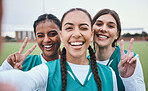 Sports selfie, girl team and peace sign on field for memory, competition and portrait for fitness. Women group, photography and wink on social network with emoji, v icon and diversity for hockey game