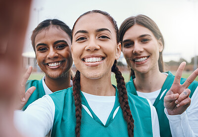 Buy stock photo Sports women, team selfie and peace sign on field for memory, competition and portrait for fitness. Girl group, photography and post on social media with emoji, v icon and diversity for hockey game