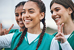 Selfie, women or hockey team after a game with support in sports training, exercise or fitness workout. Smile, teamwork or happy people in a social media picture or group photo with hand gesture