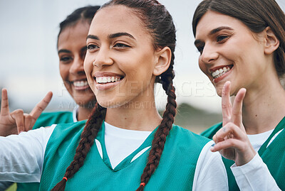 Buy stock photo Selfie, women or sports team with peace after a game with support in hockey training, exercise or fitness workout. Smile, teamwork or happy people in a social media picture or group with hand gesture