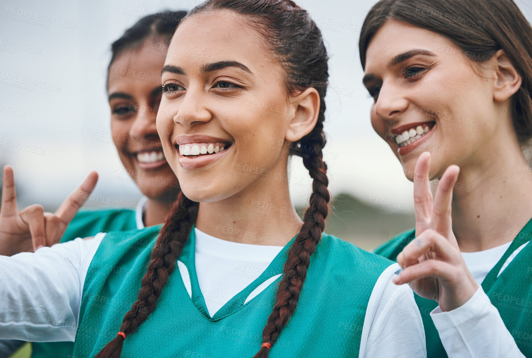 Buy stock photo Selfie, women or sports team with peace after a game with support in hockey training, exercise or fitness workout. Smile, teamwork or happy people in a social media picture or group with hand gesture