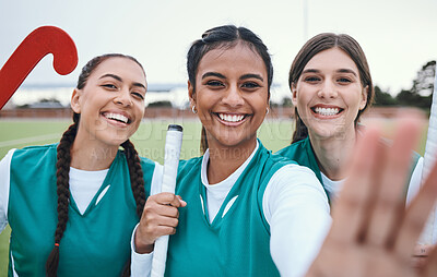 Buy stock photo Selfie, portrait and woman with team for hockey match, sports day and training together for exercise, smile and happiness. Workout, sports uniform and hockey stick to play, fitness and cardio health