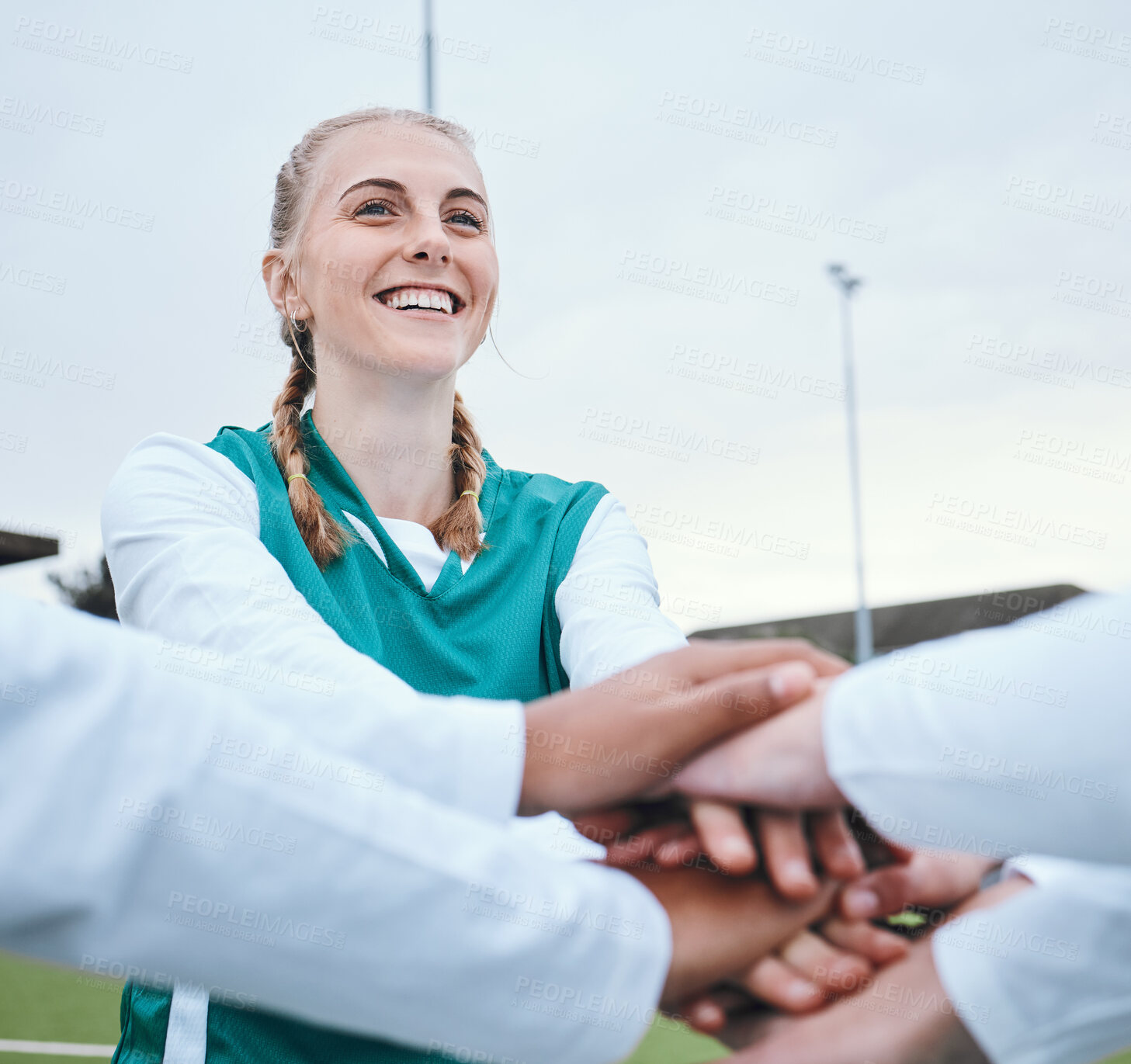 Buy stock photo Happy woman, sports or hands of team in huddle with support, smile or plan for a hockey training game. Group, stack or female athletes in practice for fitness exercise or match together for teamwork