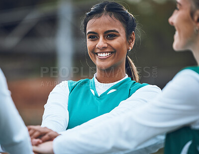 Buy stock photo Teenager, girl and smile for sports with team with hands together for game. Female, student and happy with people for training, exercise or workout to win in competition, chant or cheer in motivation