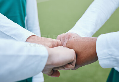 Buy stock photo Exercise, closeup and people with support, fist bump and motivation with competition success, sports or fitness. Hands together, group and teamwork with match, celebration and workout with solidarity