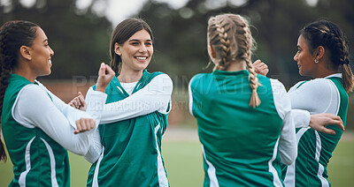 Buy stock photo Field, women and team stretching, fitness and warm up with exercise, wellness and sports. Hockey, group and girls with workout, competition and match with health, training and support with energy