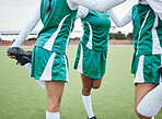 Team, stretching legs and warm up on field, sports and uniform for match, balance and teamwork together. Diverse group of athletes, outdoor and exercise to prepare for game, workout for performance