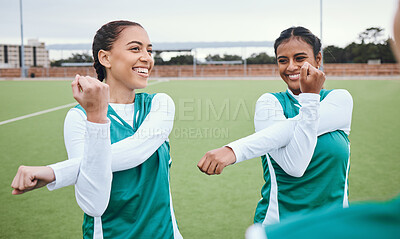 Buy stock photo Field, women and friends stretching, exercise and warm up with support, wellness and training. Hockey, group and girls with workout, competition and match with health, cardio and smile with energy