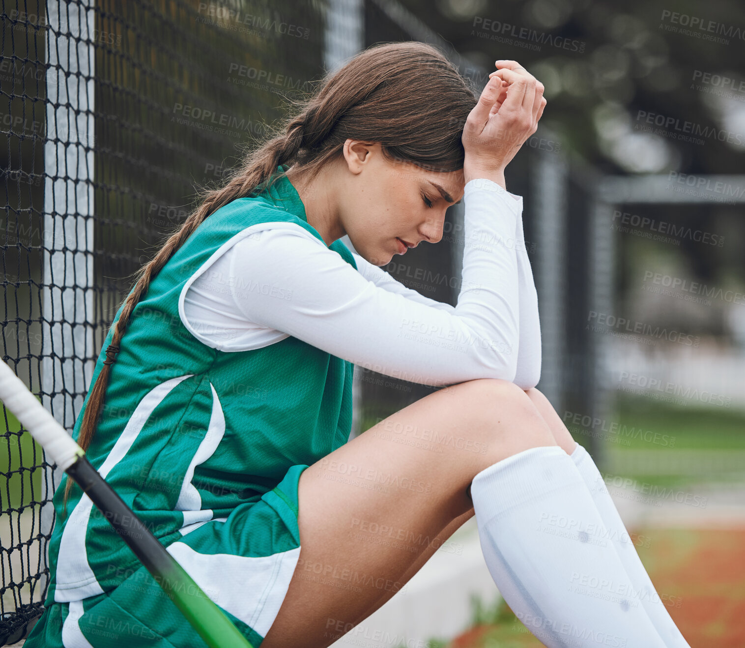 Buy stock photo Sad, woman and athlete fail in sports, game or performance and frustrated with stress or anxiety in competition. Match, loser and person angry with field hockey, fitness or upset with mistake