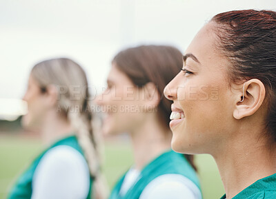 Buy stock photo Smile, women and teamwork with sports, field and fitness with competition, match and training. Outdoor, group and players with happiness, workout and cooperation with exercise, wellness and health