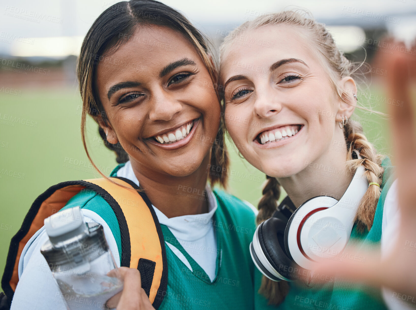 Buy stock photo Selfie, portrait or hockey team in a game with support in sports training, exercise or fitness workout. Women, teamwork or happy people in a social media picture or group photo with smile in a match