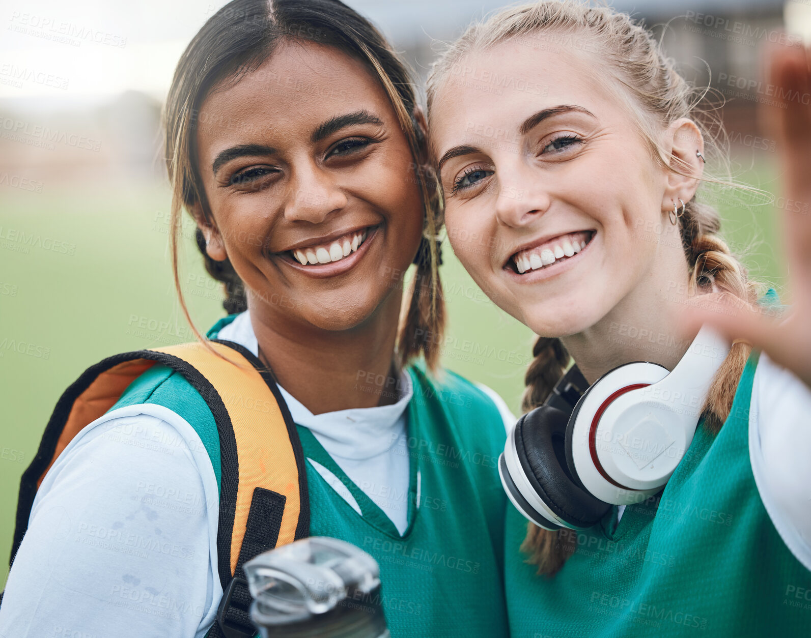 Buy stock photo Selfie, sports and portrait of women friends on field smile for training, exercise and workout. Fitness, team and happy people take profile picture for social media, memory and bonding in sport club