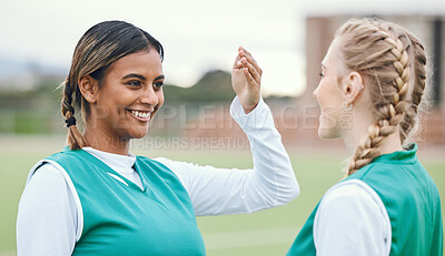 Buy stock photo Youth, teenager and girl with smile for sports with team, practice or match on field. Female, person or student with friend in excitement, happiness or joy for game, competition or training at school