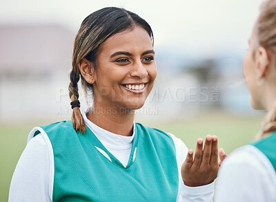 Buy stock photo Woman, sport field and smile for hockey or game for competition for exercise, training or fitness. Female athlete, exercise clothes and outdoor contest in sun for workout, strong or cardio for health