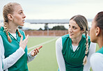 Sports, hockey team and strategy of women outdoor at field together for competition training. Fitness, group of girls and discussion for game planning, collaboration for workout and exercise at park