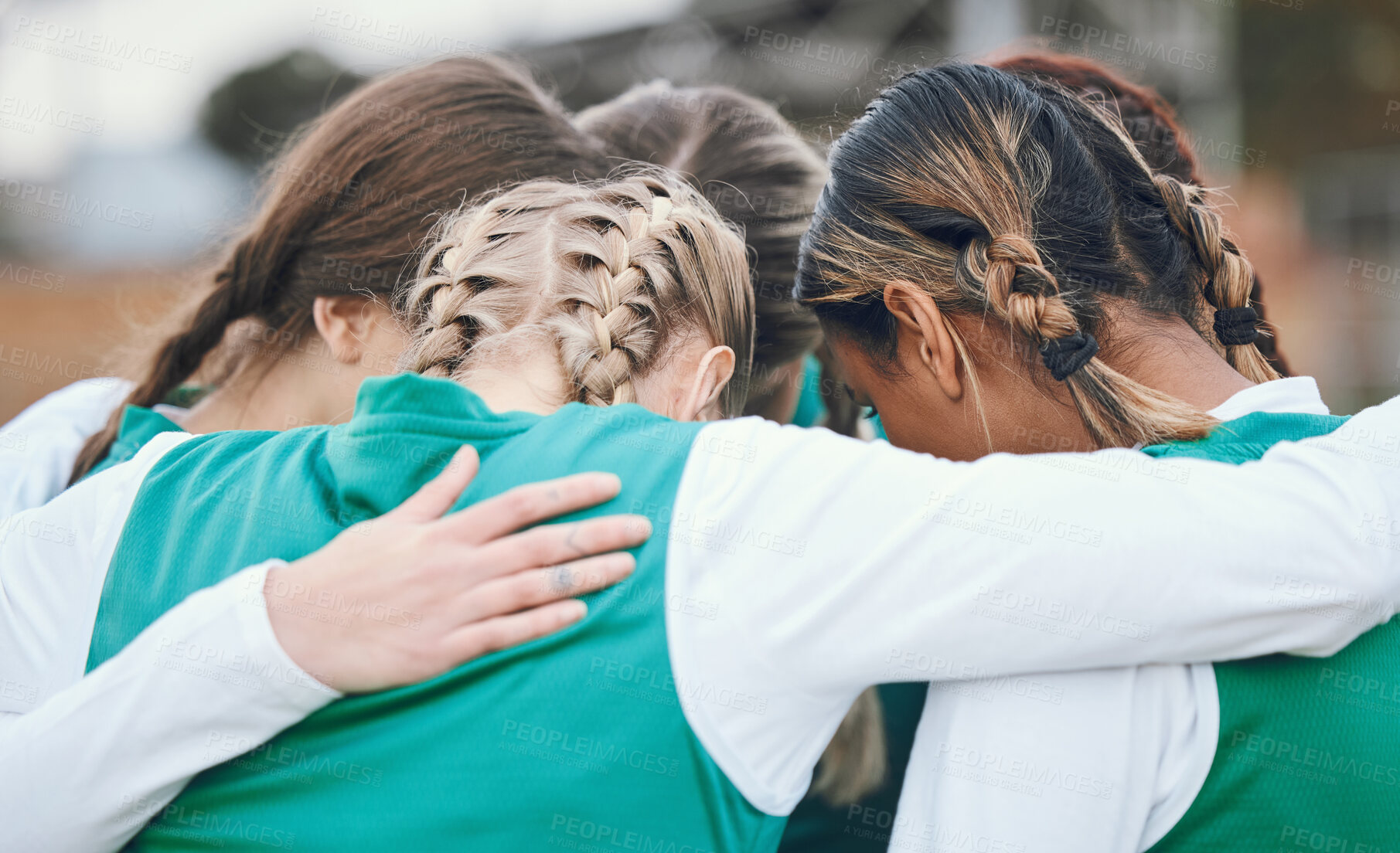 Buy stock photo Hug, sports women or team in huddle with support, solidarity or plan for a hockey training game. Group, strategy or female athletes in practice for fitness exercise or match together for teamwork 