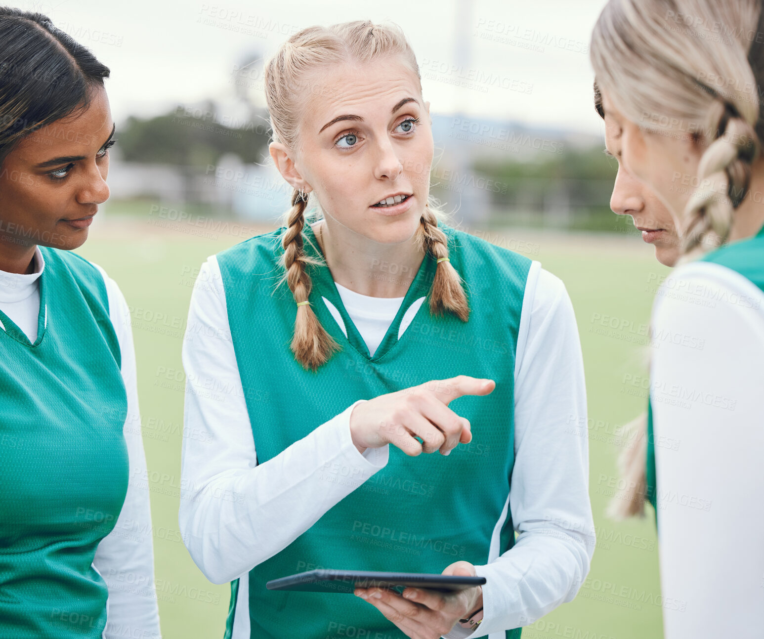 Buy stock photo Leader, sports women or team planning tactics or strategy in a hockey training game, conversation or match. Tablet, talking or athletes in practice for fitness exercise together for teamwork in group