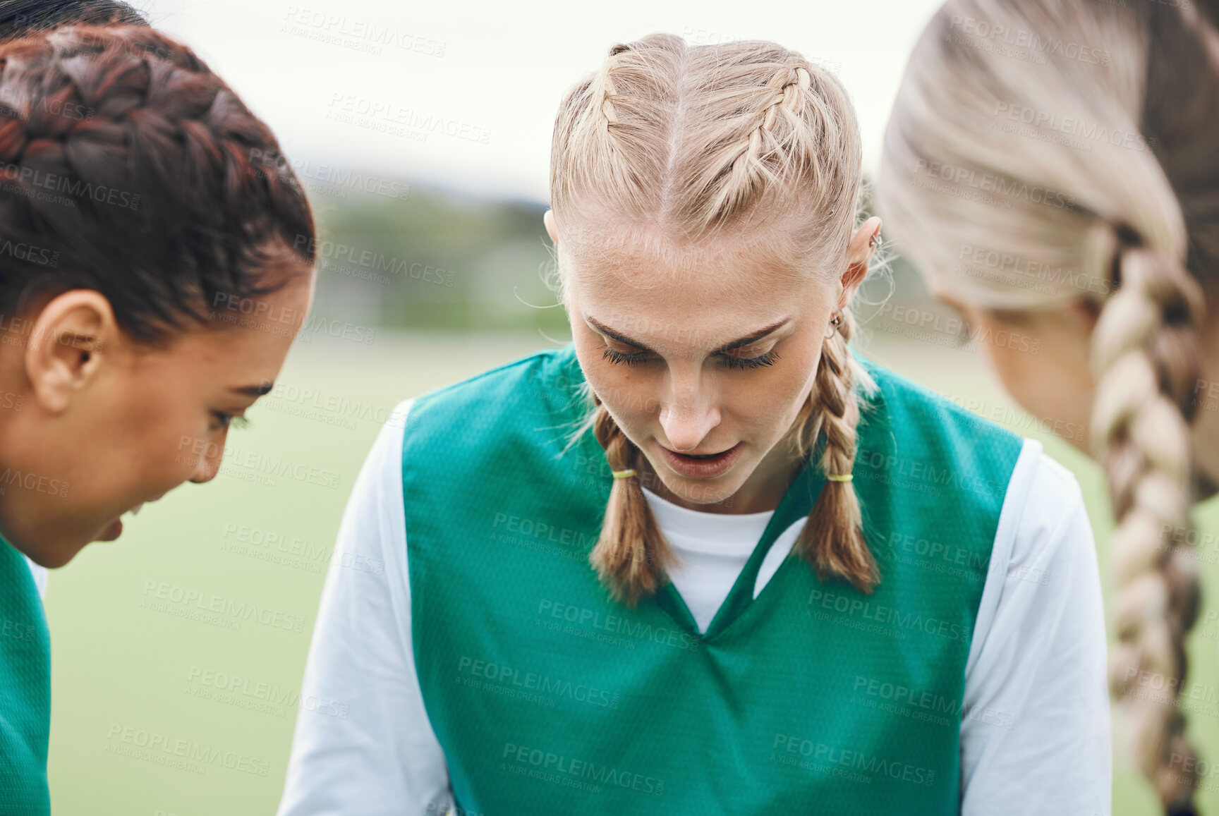 Buy stock photo Planning, sports women or team in huddle with support, solidarity or plan for a hockey training game. Group, talk or female athletes in practice for fitness exercise or match together for teamwork 