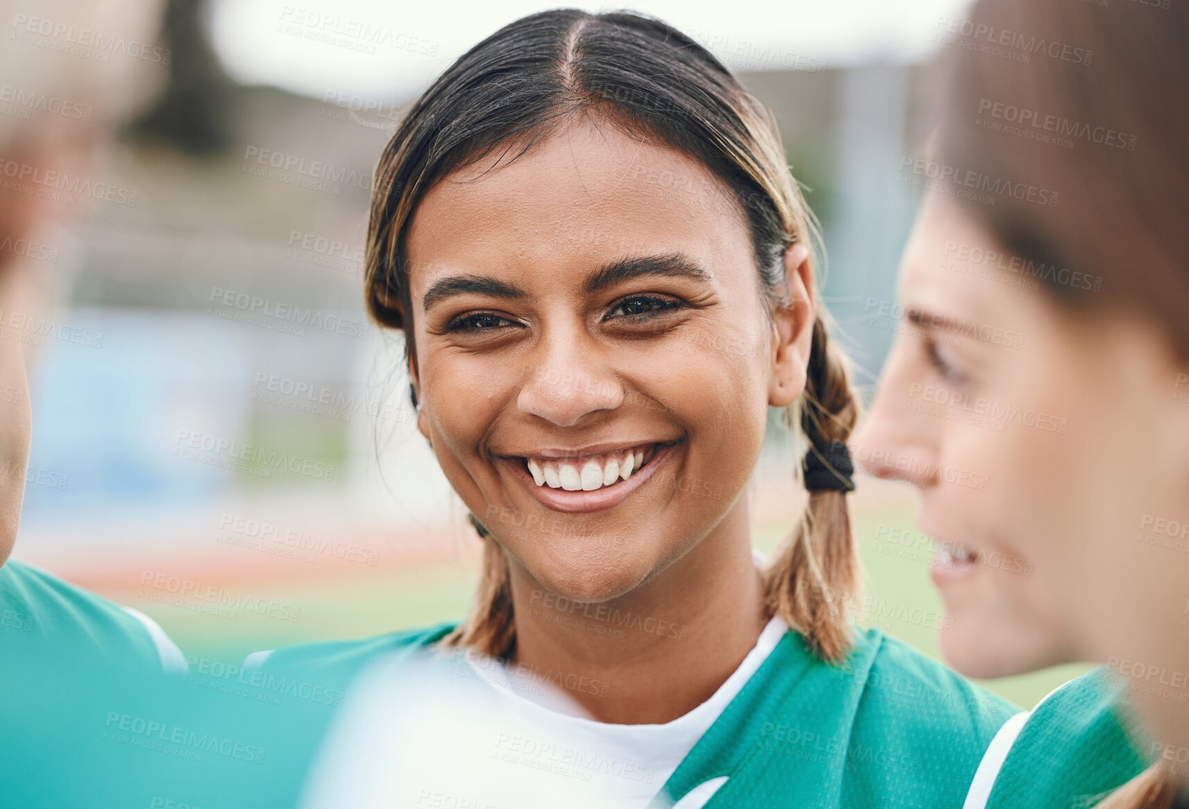 Buy stock photo Happy, woman and team talking in sports, game or conversation in circle and match advice on soccer field. Football player, group and support in exercise, workout or training together on grass