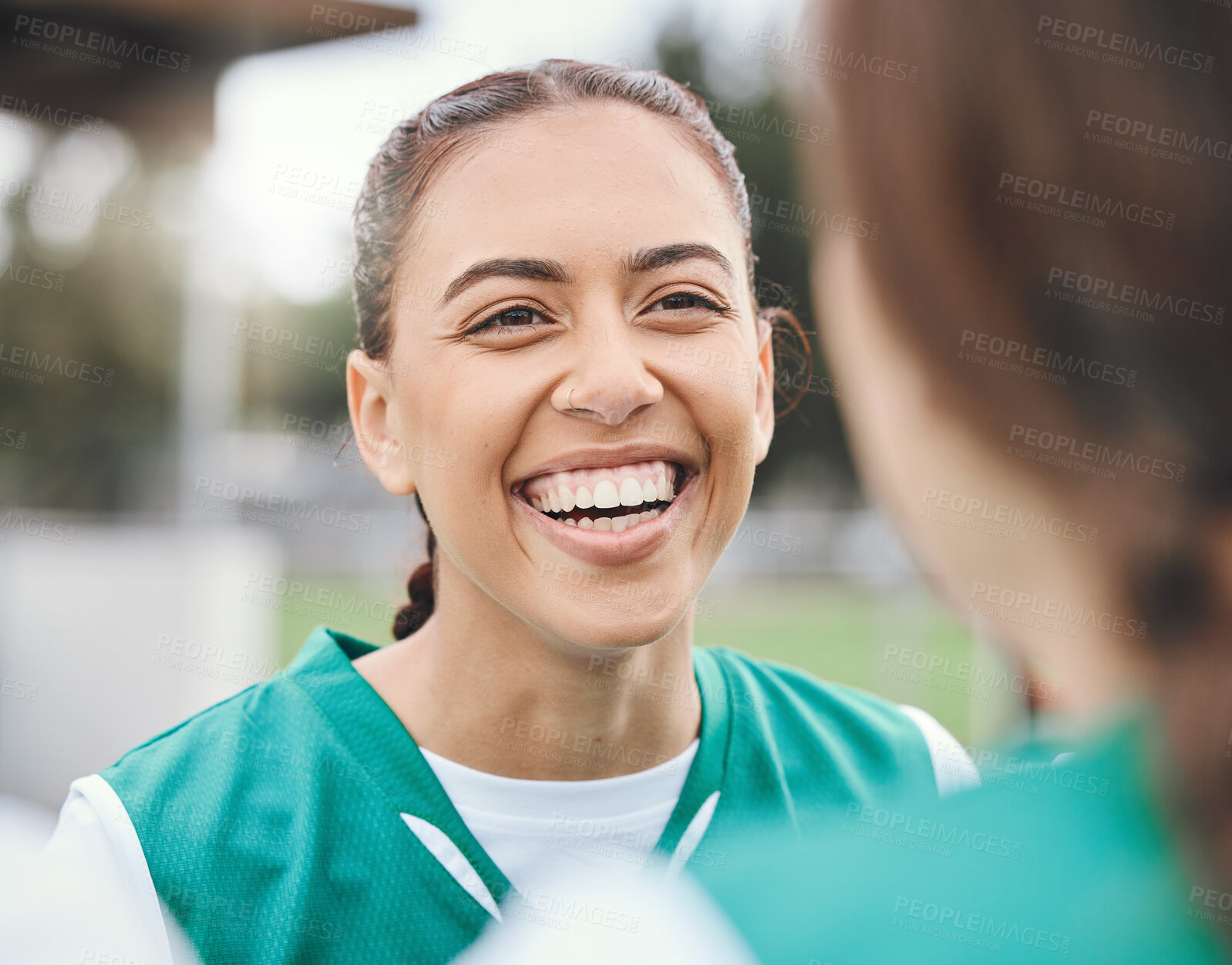 Buy stock photo Funny, team sports or happy woman in conversation on turf or court on break in fitness training or exercise. Smile, friends or female hockey players laughing or talking to relax together outdoors