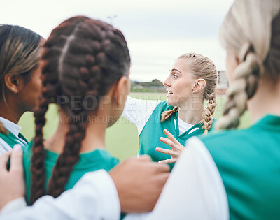 Buy stock photo Sport, women and group for team building meeting, solidarity and diversity on field outdoor in nature. Hockey, girls and hug for unity, teamwork and game discussion with strategy and collaboration