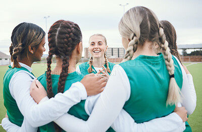 Buy stock photo Sport, women and group in circle for team building, solidarity and diversity on field outdoor in nature. Hockey, girls and hug for unity, teamwork and game discussion with happiness and collaboration