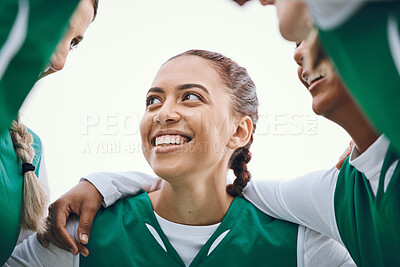 Buy stock photo Happy, woman and team huddle in sport, game or conversation on field for advice match in soccer competition. Football player, group or support in exercise, workout or training collaboration together 